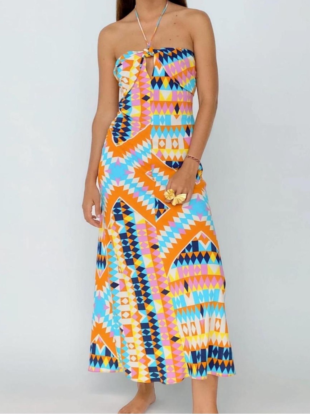 Zara Strapless Geometric Maxi Dress in Orange, Blue & Pink